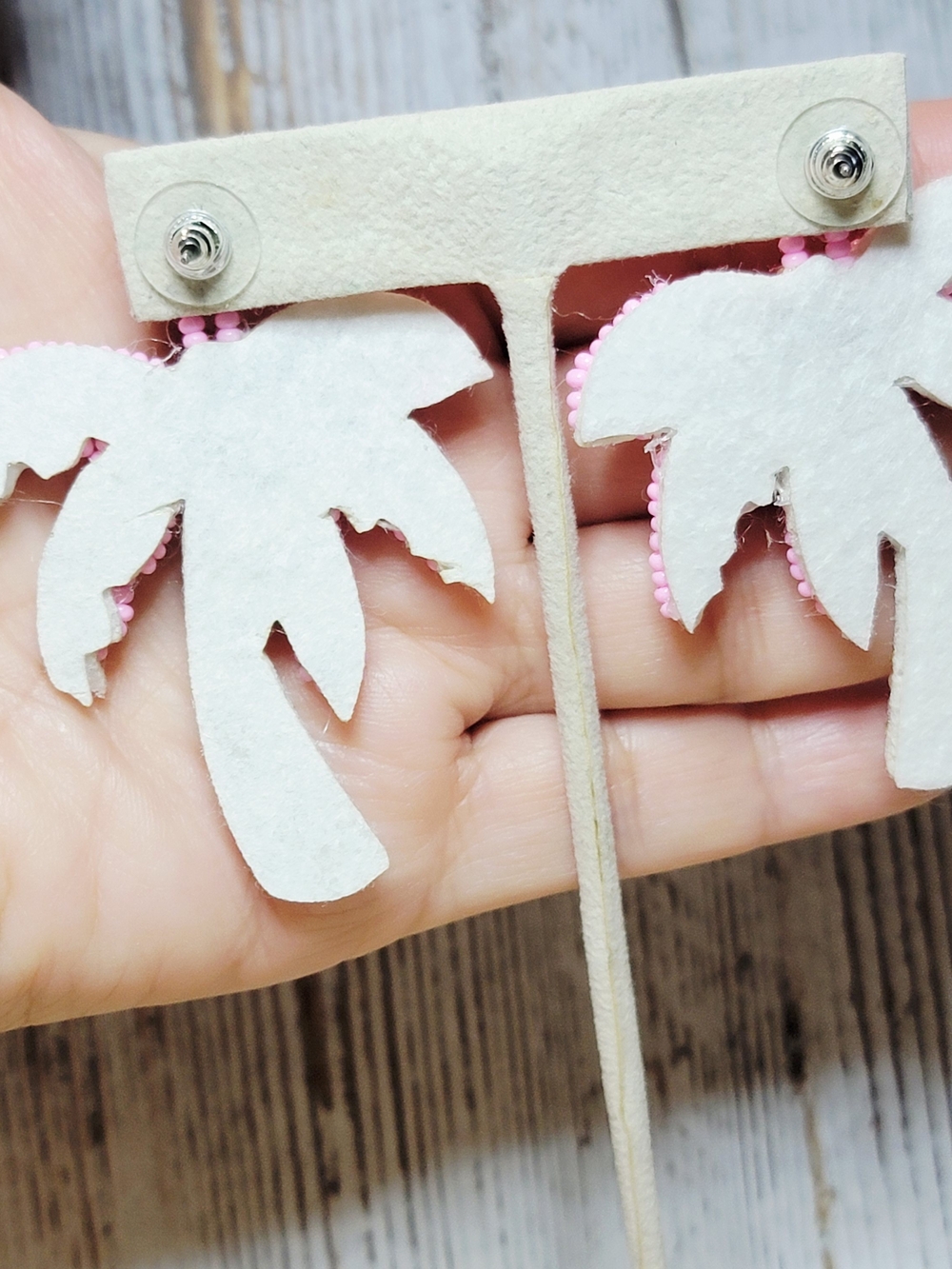Beaded Pink Palm Tree Drop Earrings with Gold Accents - Picture 2 of 3